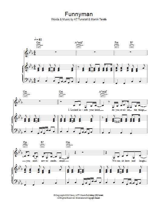 Learn to play KT Tunstall Funnyman sheet music for Piano, Vocal & Guitar Chords in minutes. Price: 7.8900$ KT Tunstall Funnyman sheet music notes and chords arranged for Piano, Vocal & Guitar Chords
