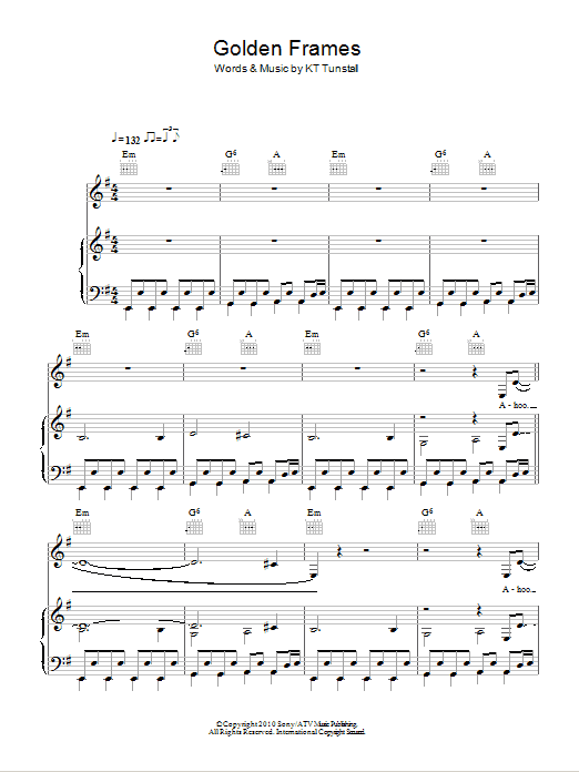 Learn to play KT Tunstall Golden Frames sheet music for Piano, Vocal & Guitar Chords in minutes. Price: 7.8900$ KT Tunstall Golden Frames sheet music notes and chords arranged for Piano, Vocal & Guitar Chords