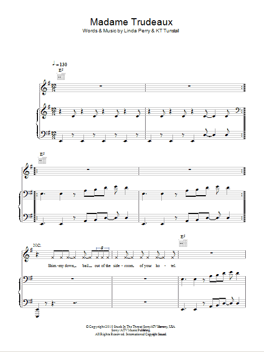 Learn to play KT Tunstall Madame Trudeaux sheet music for Piano, Vocal & Guitar Chords in minutes. Price: 7.8900$ KT Tunstall Madame Trudeaux sheet music notes and chords arranged for Piano, Vocal & Guitar Chords