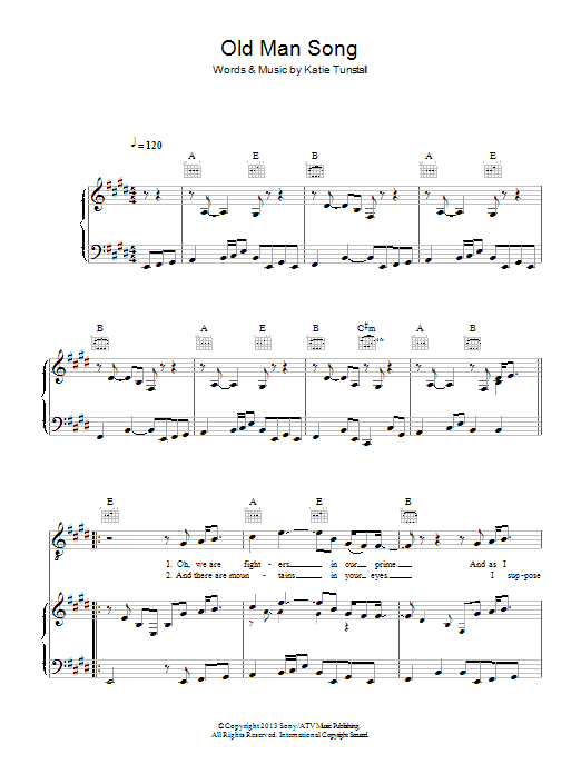 Learn to play KT Tunstall Old Man Song sheet music for Piano, Vocal & Guitar Chords in minutes. Price: 7.8900$ KT Tunstall Old Man Song sheet music notes and chords arranged for Piano, Vocal & Guitar Chords
