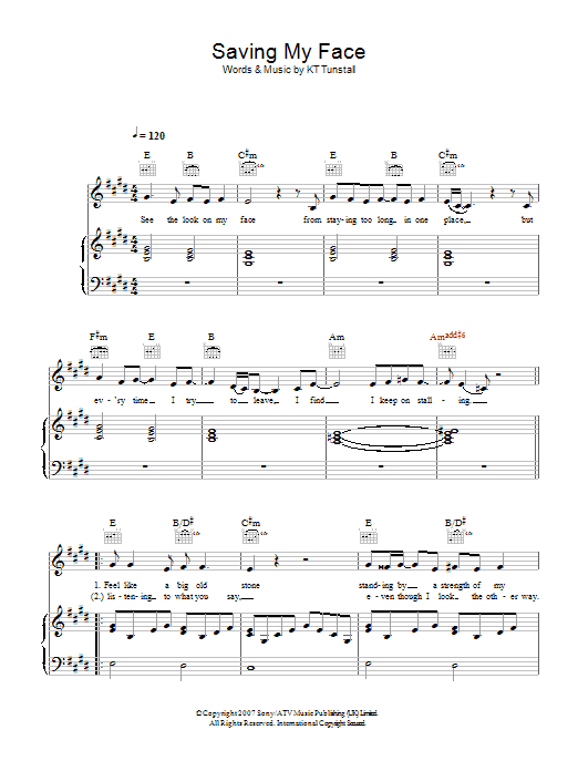 Learn to play KT Tunstall Saving My Face sheet music for Piano, Vocal & Guitar Chords in minutes. Price: 7.8900$ KT Tunstall Saving My Face sheet music notes and chords arranged for Piano, Vocal & Guitar Chords