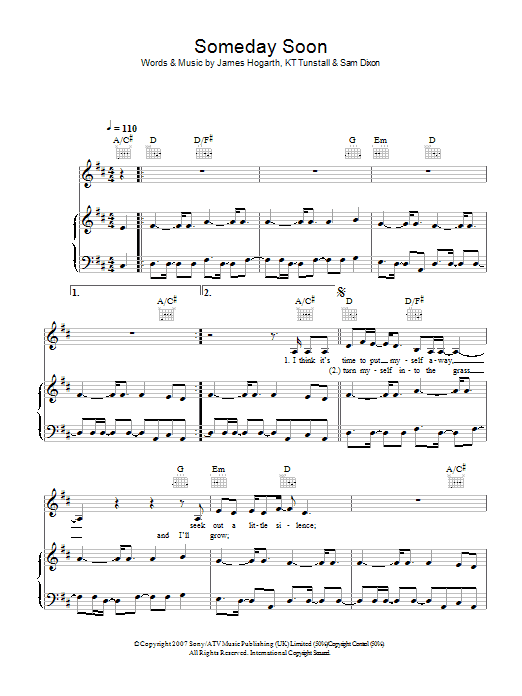 Learn to play KT Tunstall Someday Soon sheet music for Piano, Vocal & Guitar Chords in minutes. Price: 7.8900$ KT Tunstall Someday Soon sheet music notes and chords arranged for Piano, Vocal & Guitar Chords