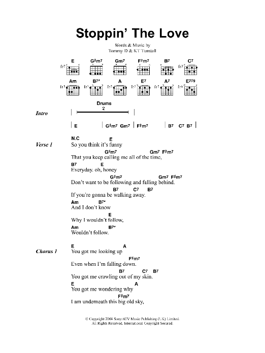 Learn to play KT Tunstall Stoppin' The Love sheet music for Piano, Vocal & Guitar Chords in minutes. Price: 7.8900$ KT Tunstall Stoppin' The Love sheet music notes and chords arranged for Piano, Vocal & Guitar Chords