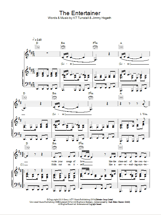 Learn to play KT Tunstall The Entertainer sheet music for Piano, Vocal & Guitar Chords in minutes. Price: 7.8900$ KT Tunstall The Entertainer sheet music notes and chords arranged for Piano, Vocal & Guitar Chords