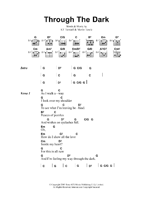 Learn to play KT Tunstall Through The Dark sheet music for Guitar Chords/Lyrics in minutes. Price: 4.4900$ KT Tunstall Through The Dark sheet music notes and chords arranged for Guitar Chords/Lyrics