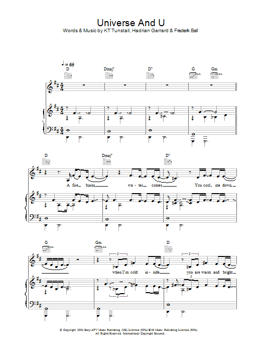 Learn to play KT Tunstall Universe & U sheet music for Piano, Vocal & Guitar Chords in minutes. Price: 7.8900$ KT Tunstall Universe & U sheet music notes and chords arranged for Piano, Vocal & Guitar Chords