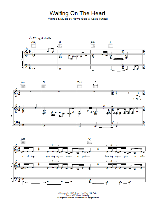 Learn to play KT Tunstall Waiting On The Heart sheet music for Piano, Vocal & Guitar Chords in minutes. Price: 7.8900$ KT Tunstall Waiting On The Heart sheet music notes and chords arranged for Piano, Vocal & Guitar Chords