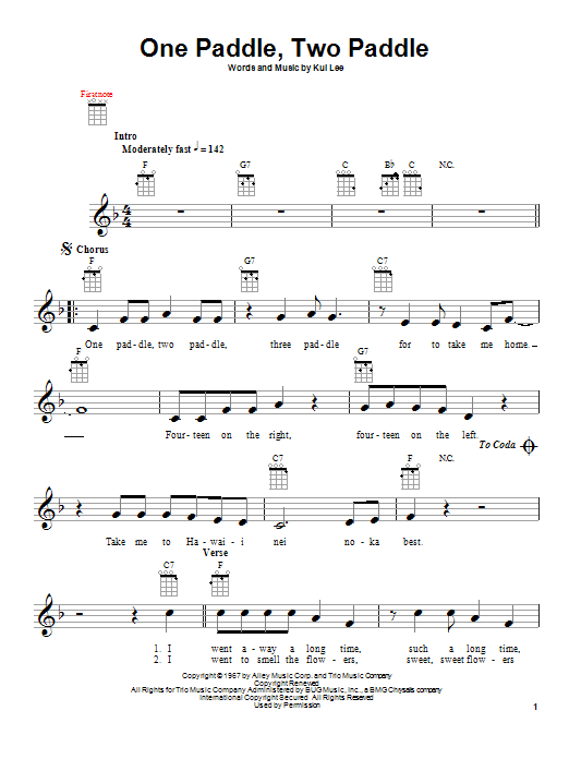 Kui Lee One Paddle, Two Paddle sheet music notes and chords arranged for Ukulele Chords/Lyrics