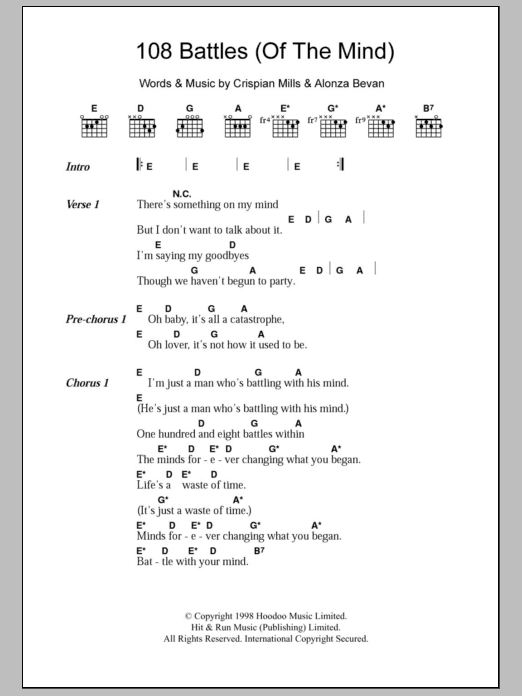 Kula Shaker 108 Battles (Of The Mind) sheet music notes and chords. Download Printable PDF.