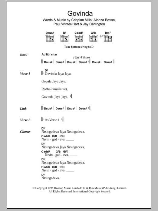 Kula Shaker Govinda sheet music notes and chords arranged for Piano, Vocal & Guitar Chords