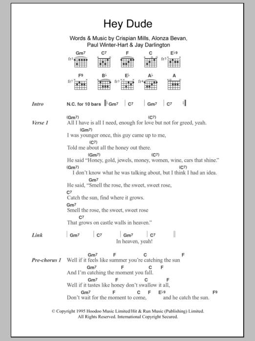 Kula Shaker Hey Dude sheet music notes and chords arranged for Piano, Vocal & Guitar Chords