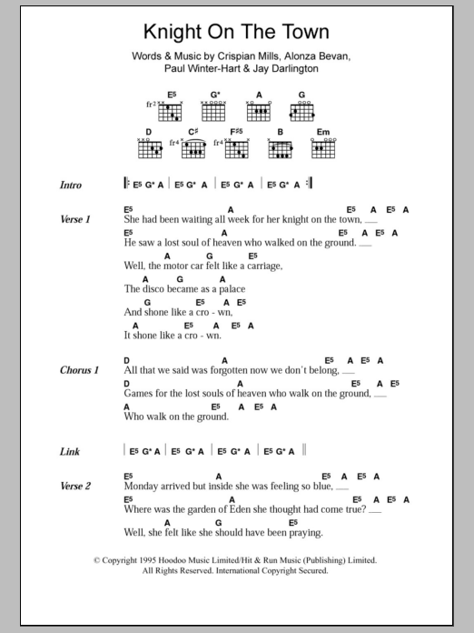 Kula Shaker Knight On The Town sheet music notes and chords arranged for Piano, Vocal & Guitar Chords