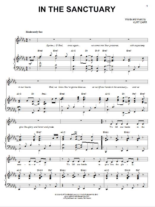 Learn to play Kurt Carr In The Sanctuary sheet music for Piano & Vocal in minutes. Price: 7.8900$ Kurt Carr In The Sanctuary sheet music notes and chords arranged for Piano & Vocal