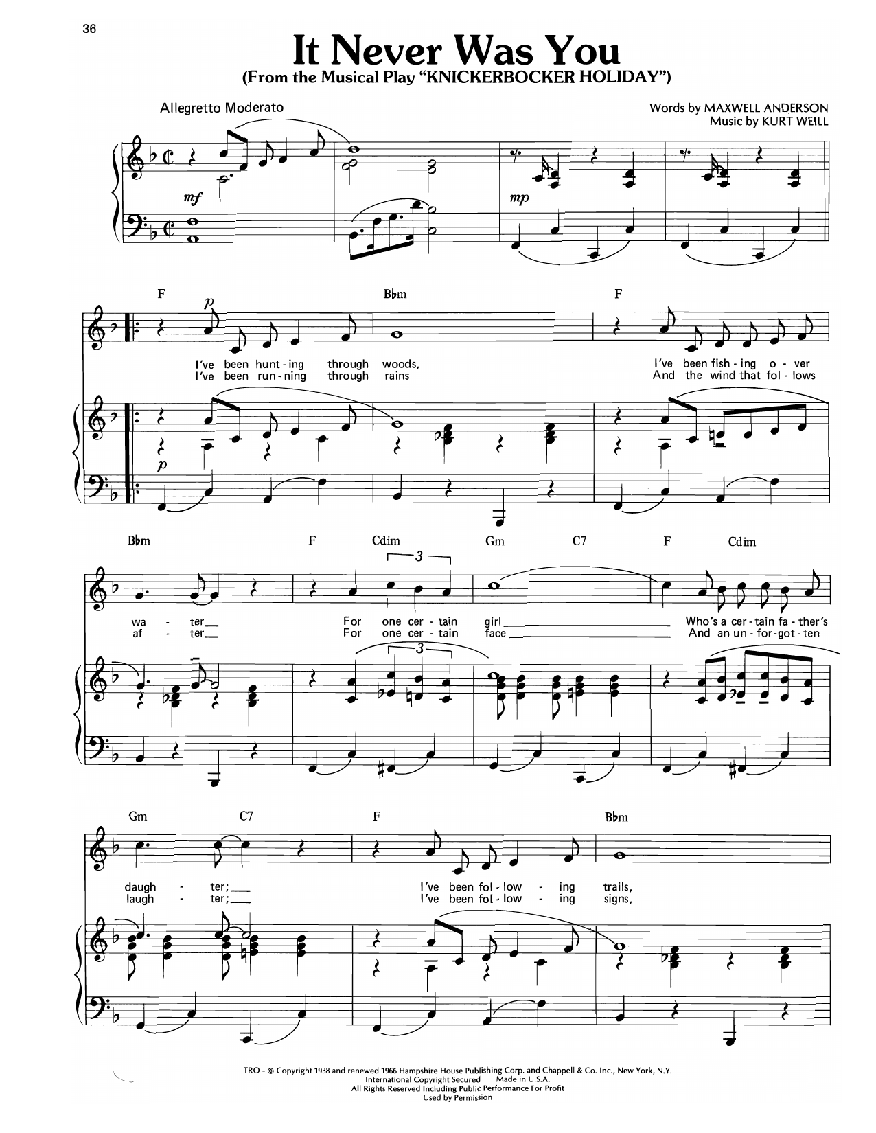 Learn to play Kurt Weill It Never Was You (from Knickerbocker Holiday) sheet music for Piano, Vocal & Guitar Chords (Right-Hand Melody) in minutes. Price: 7.8900$ Kurt Weill It Never Was You (from Knickerbocker Holiday) sheet music notes and chords arranged for Piano, Vocal & Guitar Chords (Right-Hand Melody)