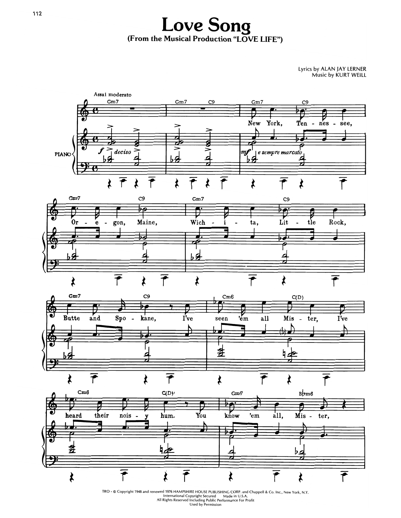 Kurt Weill Love Song, A (from Love Life) sheet music notes and chords arranged for Piano, Vocal & Guitar Chords (Right-Hand Melody)