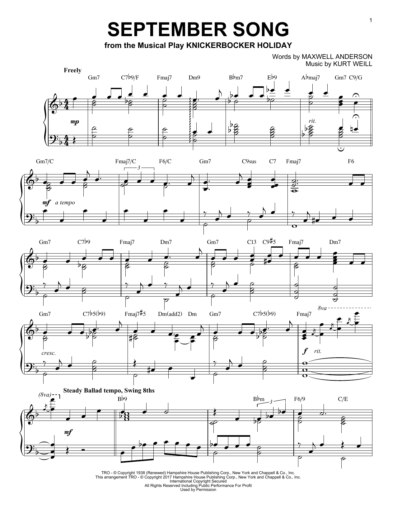 Kurt Weill September Song [Jazz version] sheet music notes and chords. Download Printable PDF.