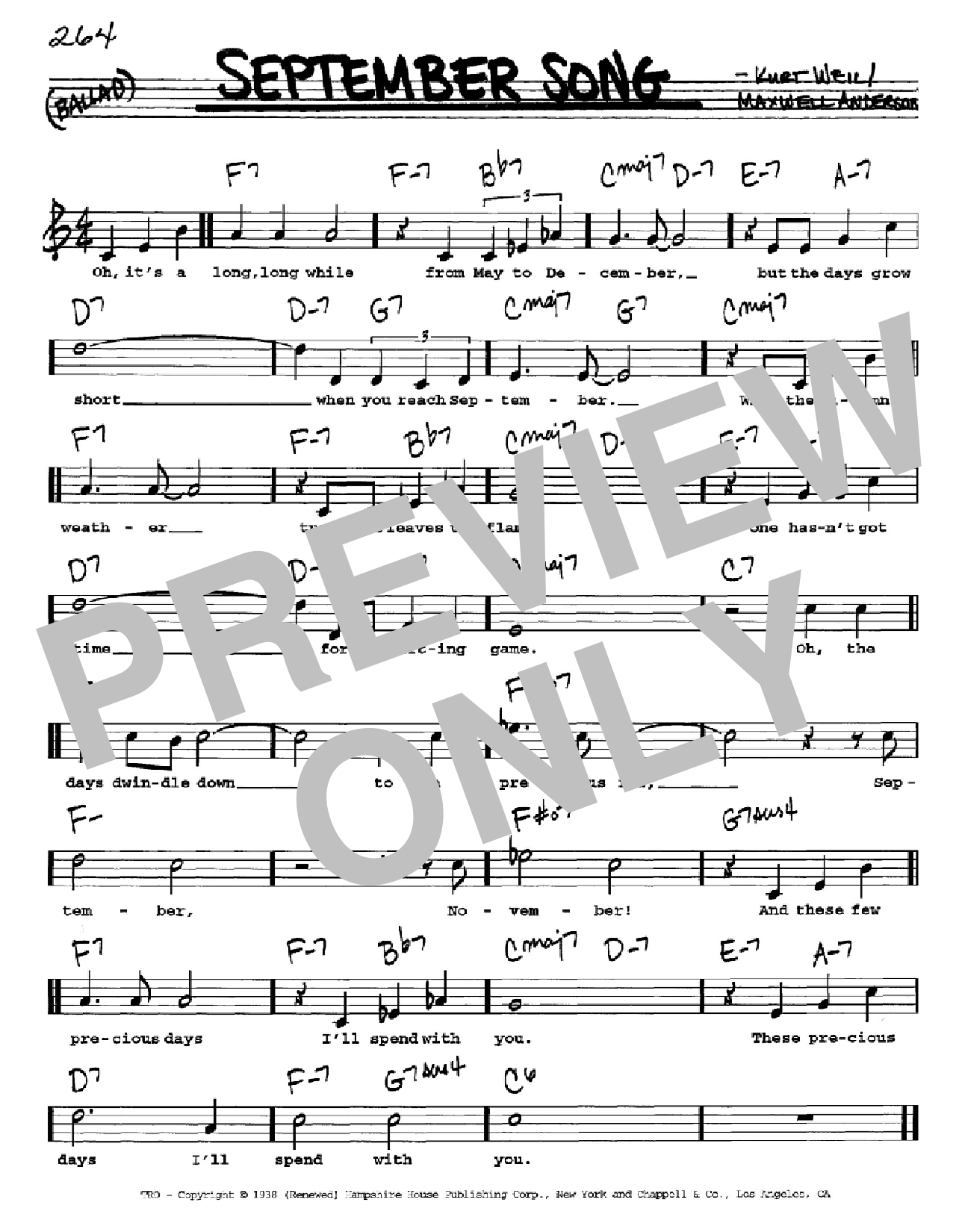 Kurt Weill September Song sheet music notes and chords. Download Printable PDF.