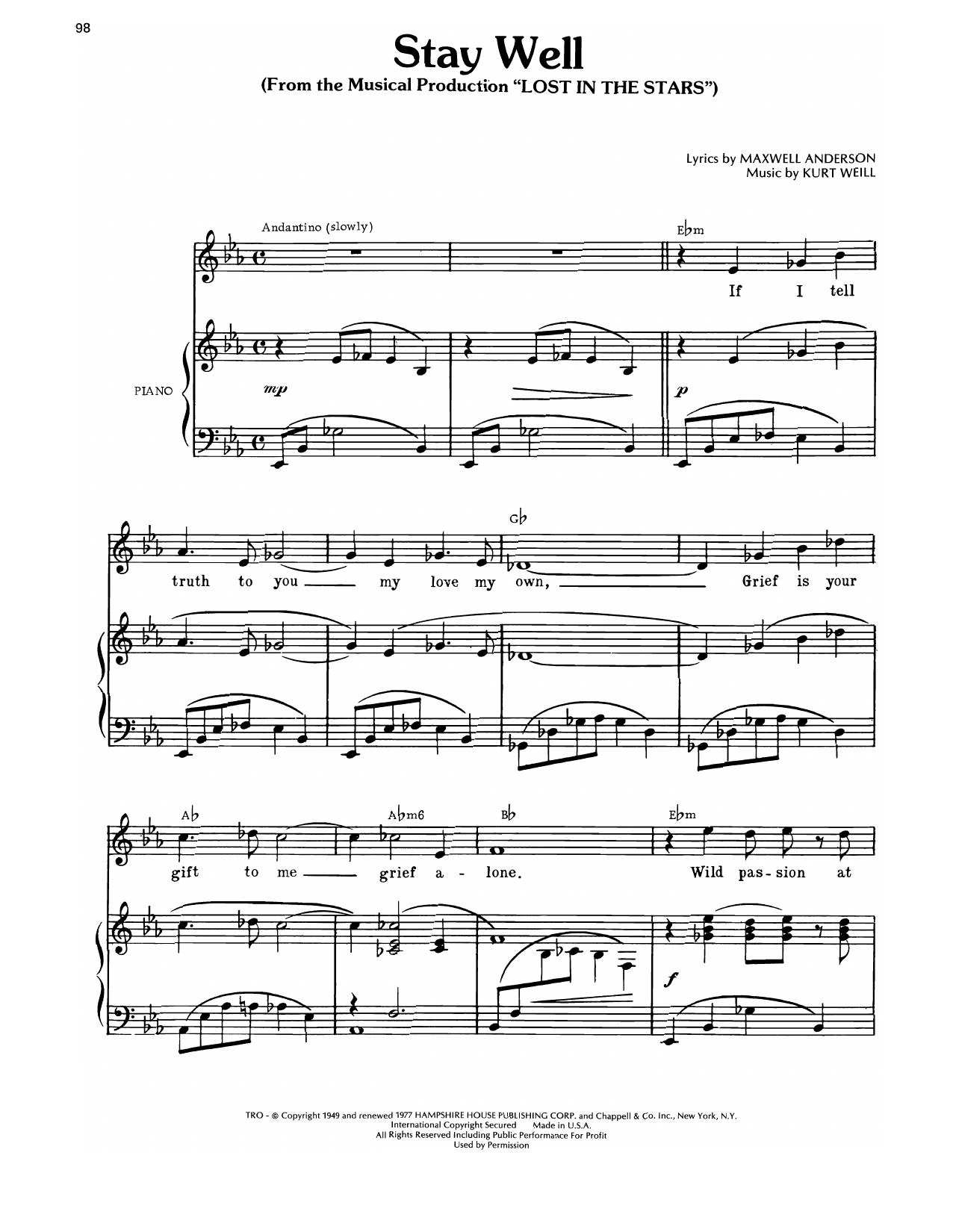 Kurt Weill Stay Well (from Lost In The Stars) sheet music notes and chords arranged for Piano, Vocal & Guitar Chords (Right-Hand Melody)