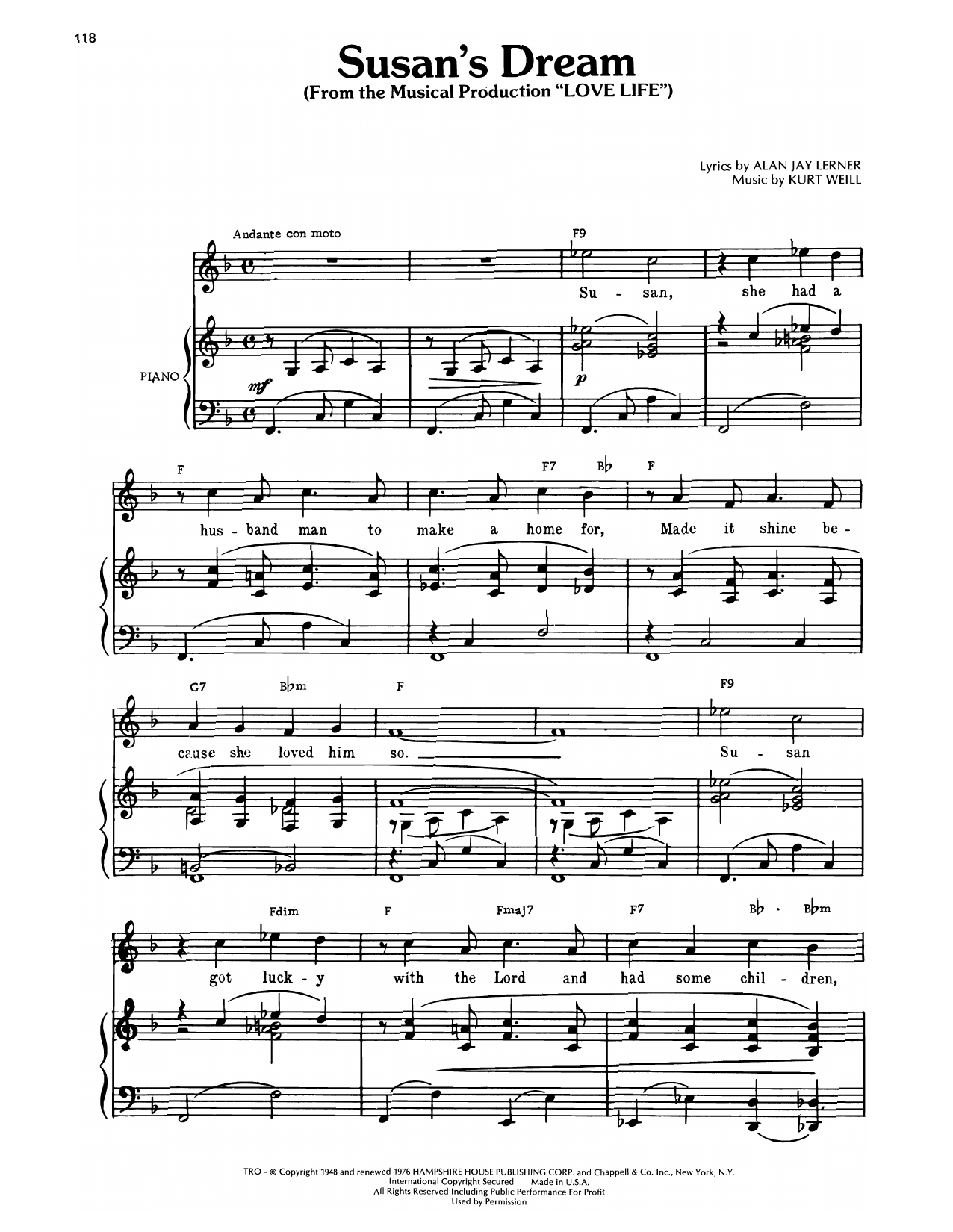 Learn to play Kurt Weill Susan's Dream (from Love Life) sheet music for Piano, Vocal & Guitar Chords (Right-Hand Melody) in minutes. Price: 7.8900$ Kurt Weill Susan's Dream (from Love Life) sheet music notes and chords arranged for Piano, Vocal & Guitar Chords (Right-Hand Melody)