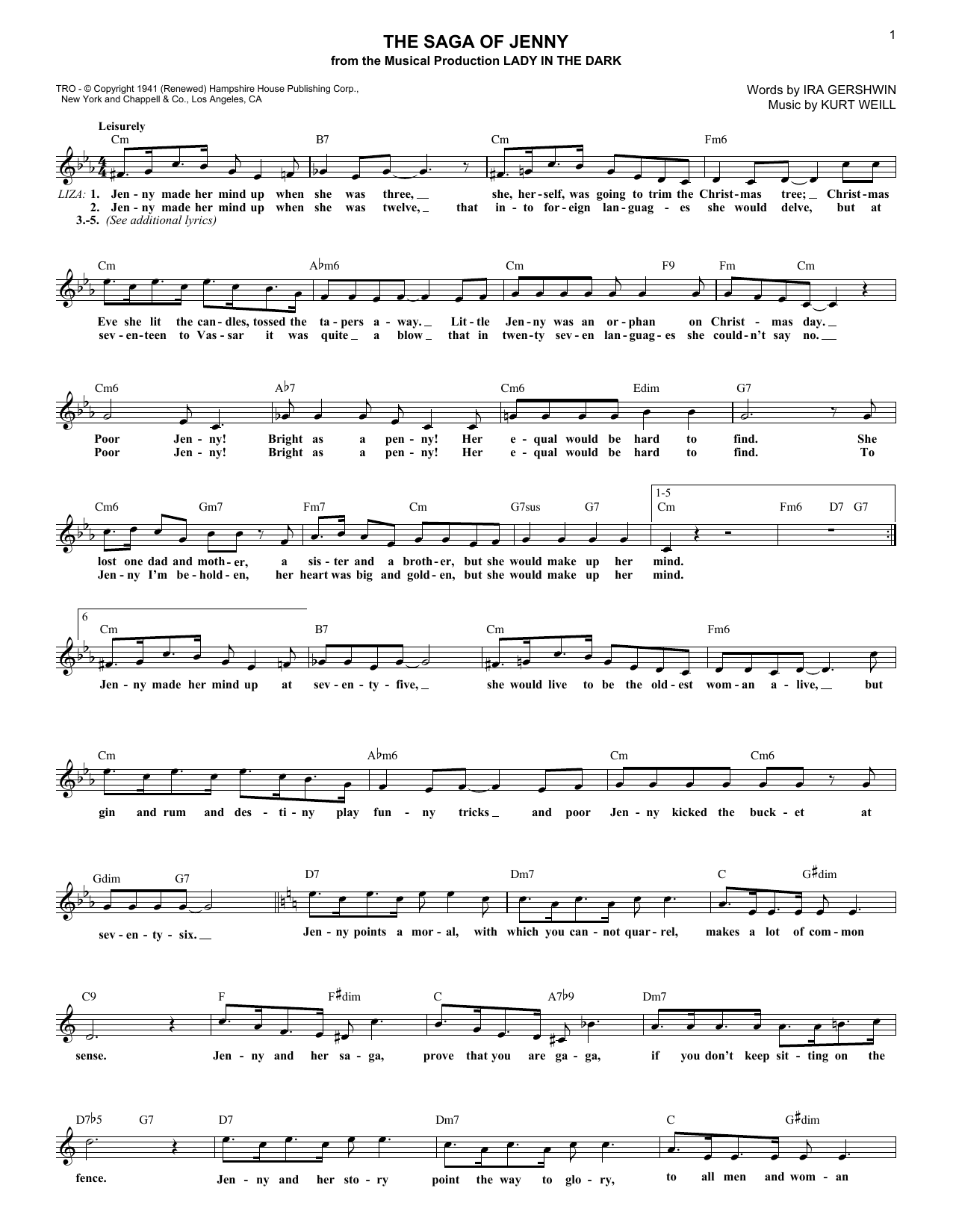 Learn to play Kurt Weill The Saga Of Jenny sheet music for Lead Sheet / Fake Book in minutes. Price: 5.9900$ Kurt Weill The Saga Of Jenny sheet music notes and chords arranged for Lead Sheet / Fake Book