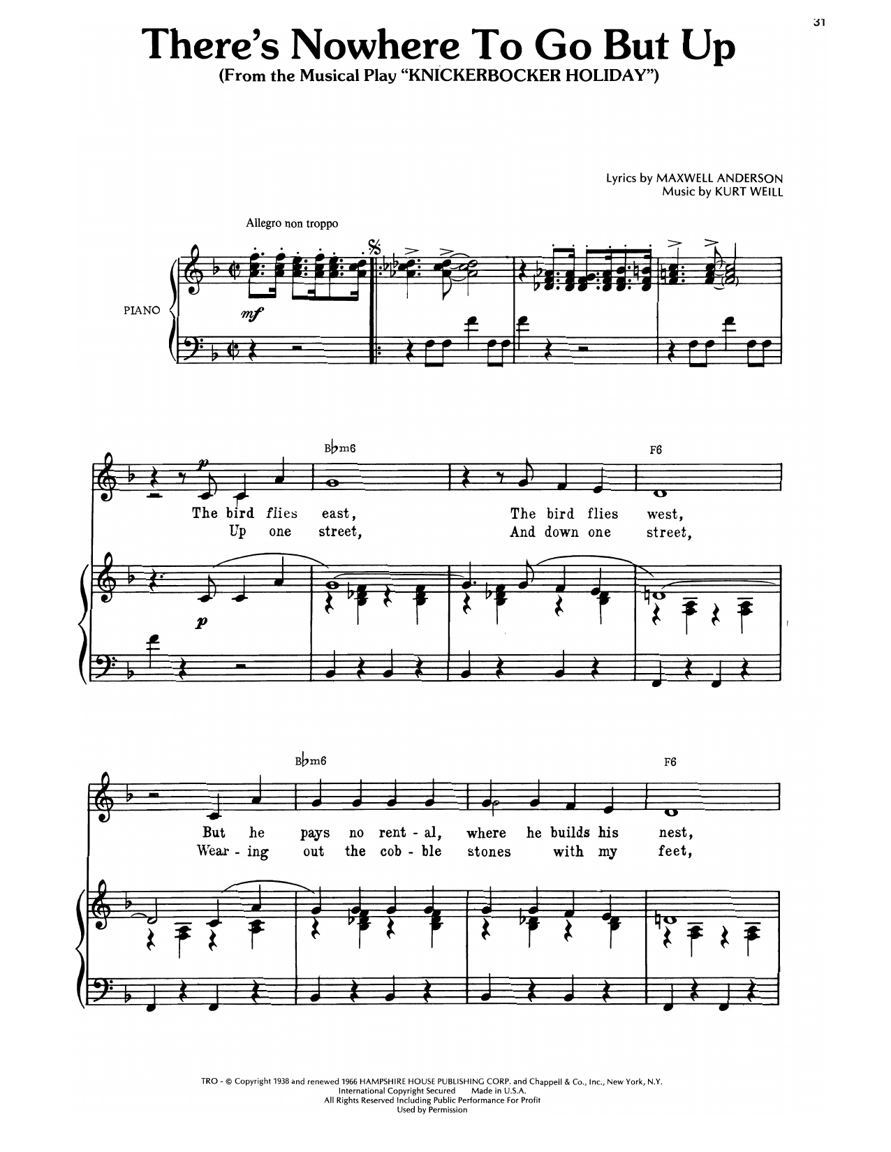 Learn to play Kurt Weill There's Nowhere To Go But Up (from Knickerbocker Holiday) sheet music for Piano, Vocal & Guitar Chords (Right-Hand Melody) in minutes. Price: 7.8900$ Kurt Weill There's Nowhere To Go But Up (from Knickerbocker Holiday) sheet music notes and chords arranged for Piano, Vocal & Guitar Chords (Right-Hand Melody)