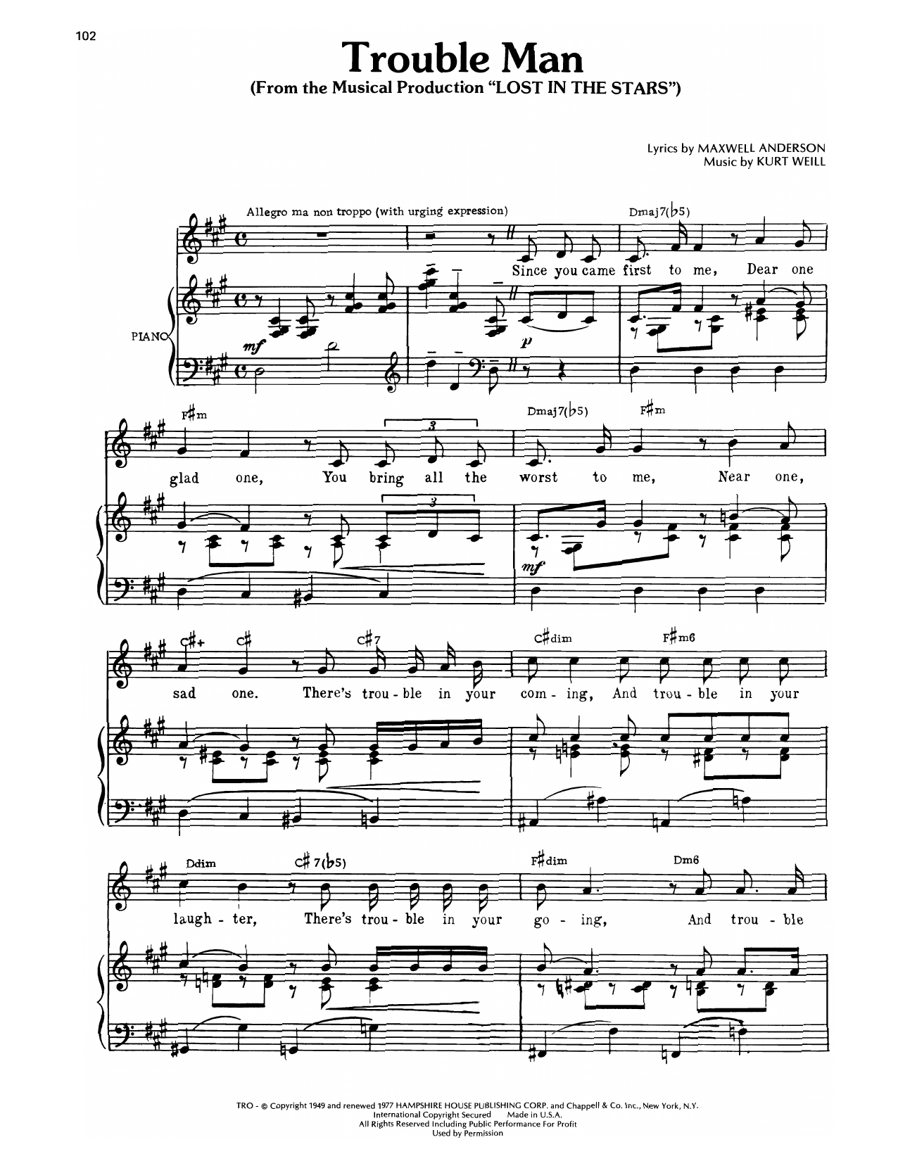 Learn to play Kurt Weill Trouble Man (from Lost In The Stars) sheet music for Piano, Vocal & Guitar Chords (Right-Hand Melody) in minutes. Price: 7.8900$ Kurt Weill Trouble Man (from Lost In The Stars) sheet music notes and chords arranged for Piano, Vocal & Guitar Chords (Right-Hand Melody)
