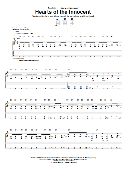 Learn to play Kutless Hearts Of The Innocent sheet music for Guitar Tab in minutes. Price: 7.8900$ Kutless Hearts Of The Innocent sheet music notes and chords arranged for Guitar Tab