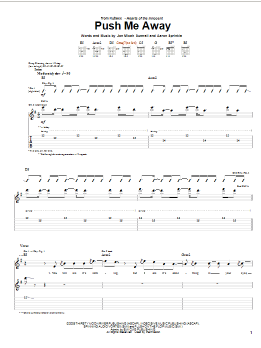 Kutless Push Me Away sheet music notes and chords arranged for Guitar Tab