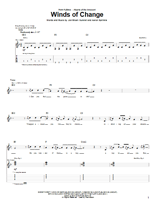 Learn to play Kutless Winds Of Change sheet music for Guitar Tab in minutes. Price: 7.8900$ Kutless Winds Of Change sheet music notes and chords arranged for Guitar Tab