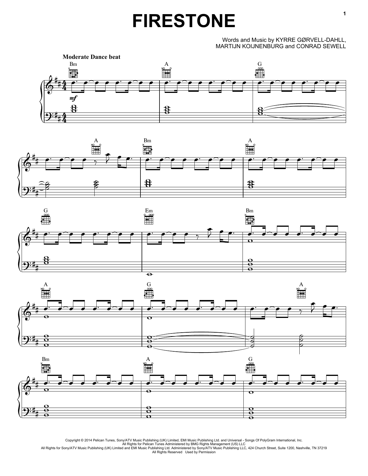 Learn to play Kygo Firestone feat. Conrad Sewell sheet music for Piano, Vocal & Guitar Chords (Right-Hand Melody) in minutes. Price: 7.8900$ Kygo Firestone feat. Conrad Sewell sheet music notes and chords arranged for Piano, Vocal & Guitar Chords (Right-Hand Melody)
