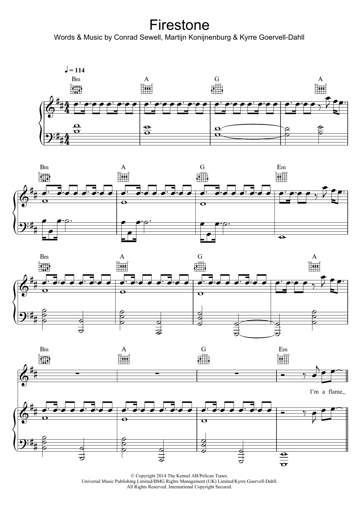 Learn to play Kygo Firestone (feat. Conrad Sewell) sheet music for Piano, Vocal & Guitar Chords in minutes. Price: 7.8900$ Kygo Firestone (feat. Conrad Sewell) sheet music notes and chords arranged for Piano, Vocal & Guitar Chords