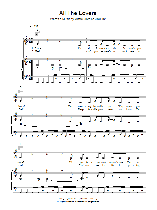 Kylie Minogue All The Lovers sheet music notes and chords arranged for Piano, Vocal & Guitar Chords