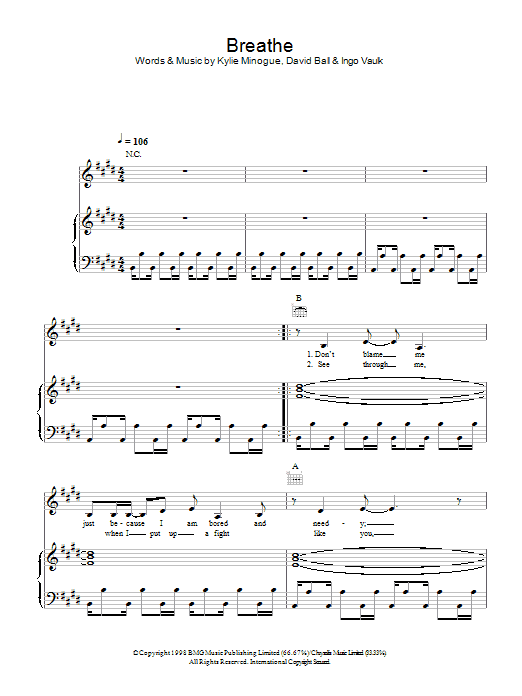 Learn to play Kylie Minogue Breathe sheet music for Piano, Vocal & Guitar Chords in minutes. Price: 7.8900$ Kylie Minogue Breathe sheet music notes and chords arranged for Piano, Vocal & Guitar Chords