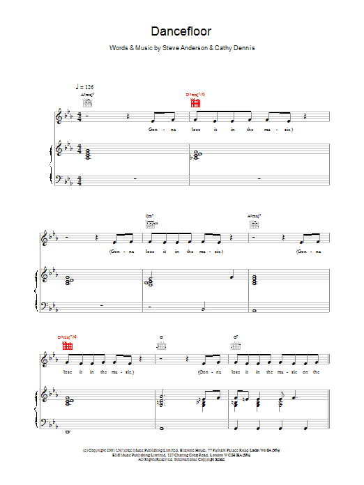 Learn to play Kylie Minogue Dancefloor sheet music for Piano, Vocal & Guitar Chords in minutes. Price: 7.8900$ Kylie Minogue Dancefloor sheet music notes and chords arranged for Piano, Vocal & Guitar Chords
