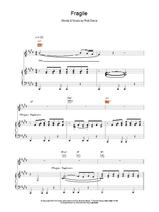 Sting Fragile sheet music notes and chords arranged for Piano, Vocal & Guitar Chords