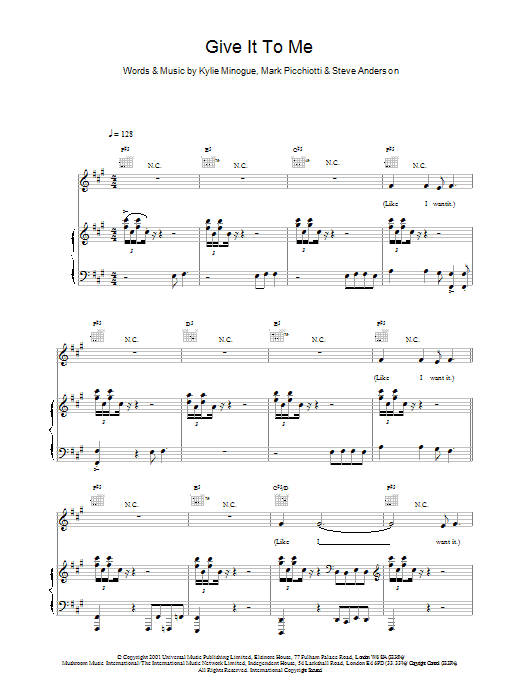 Learn to play Kylie Minogue Give It To Me sheet music for Piano, Vocal & Guitar Chords in minutes. Price: 7.8900$ Kylie Minogue Give It To Me sheet music notes and chords arranged for Piano, Vocal & Guitar Chords