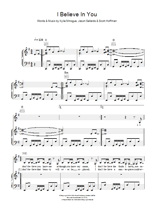 Kylie Minogue I Believe In You sheet music notes and chords arranged for Piano, Vocal & Guitar Chords