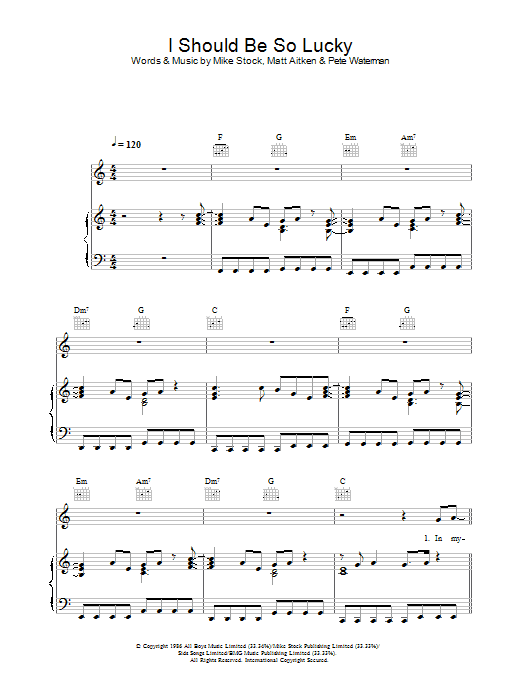 Kylie Minogue I Should Be So Lucky sheet music notes and chords. Download Printable PDF.