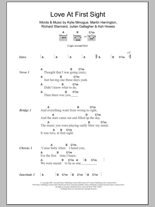 Learn to play Kylie Minogue Love At First Sight sheet music for Guitar Chords/Lyrics in minutes. Price: 4.4900$ Kylie Minogue Love At First Sight sheet music notes and chords arranged for Guitar Chords/Lyrics