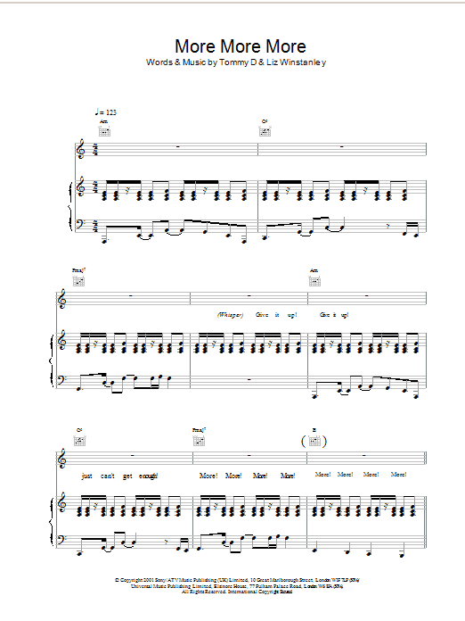 Learn to play Kylie Minogue More More More sheet music for Piano, Vocal & Guitar Chords in minutes. Price: 7.8900$ Kylie Minogue More More More sheet music notes and chords arranged for Piano, Vocal & Guitar Chords