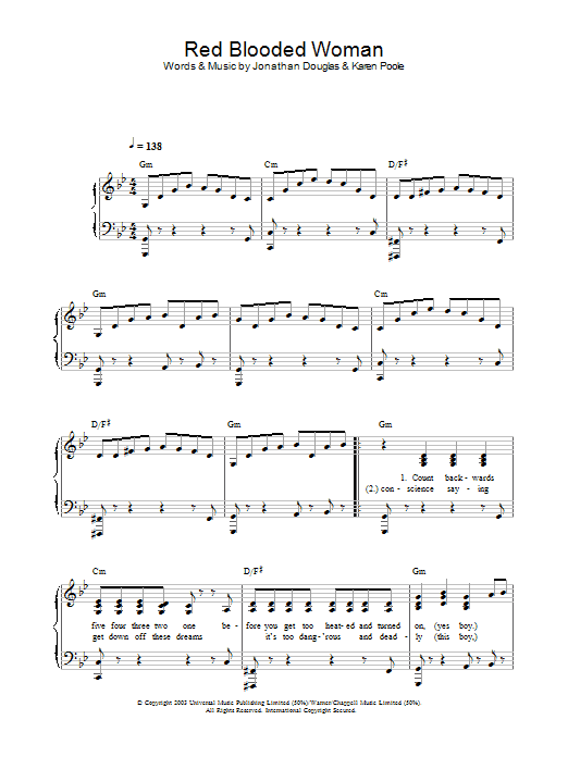 Learn to play Kylie Minogue Red Blooded Woman sheet music for Piano, Vocal & Guitar Chords in minutes. Price: 7.8900$ Kylie Minogue Red Blooded Woman sheet music notes and chords arranged for Piano, Vocal & Guitar Chords