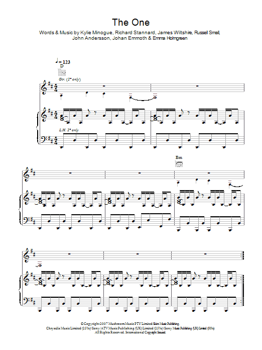 Kylie Minogue The One sheet music notes and chords arranged for Piano, Vocal & Guitar Chords