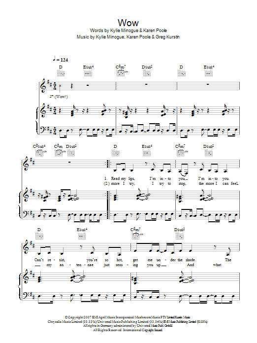 Learn to play Kylie Minogue Wow sheet music for Piano, Vocal & Guitar Chords in minutes. Price: 7.8900$ Kylie Minogue Wow sheet music notes and chords arranged for Piano, Vocal & Guitar Chords