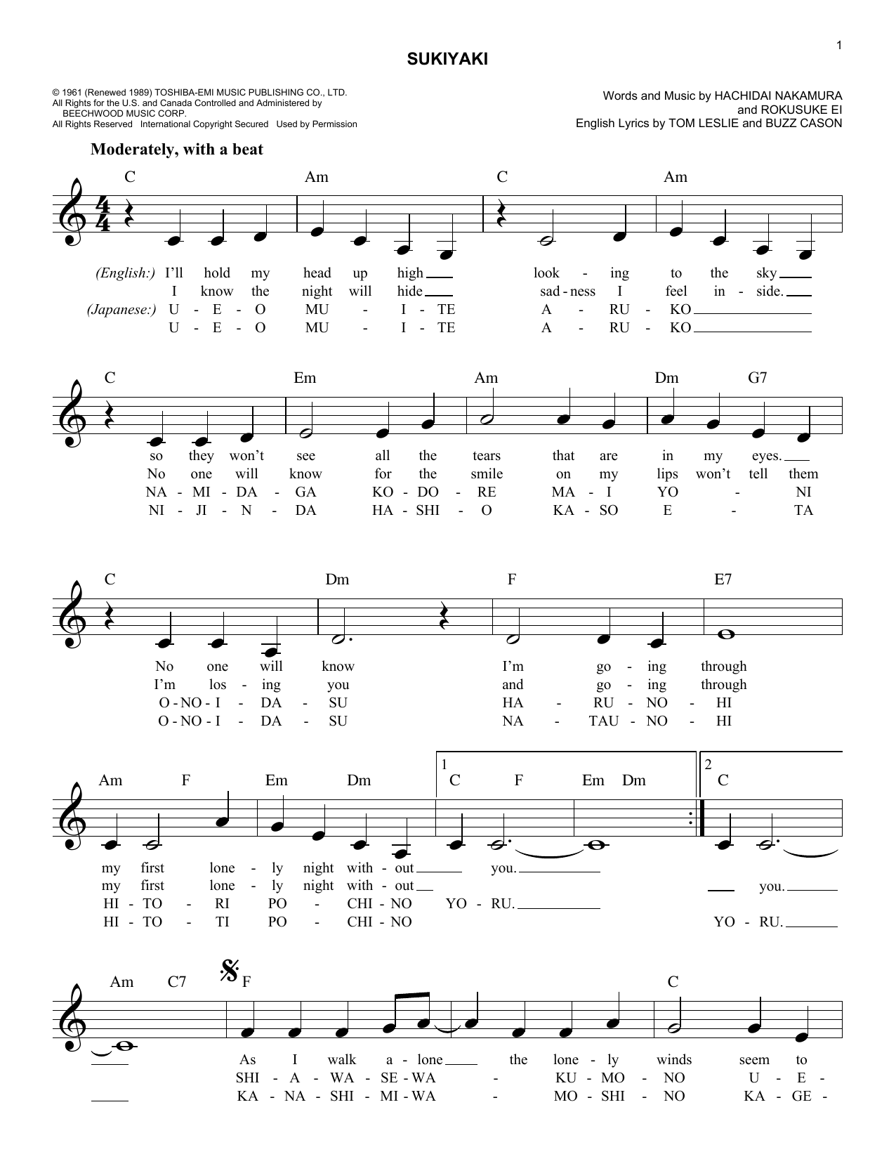 Learn to play Kyu Sakamoto Sukiyaki sheet music for Easy Lead Sheet / Fake Book in minutes. Price: 5.9900$ Kyu Sakamoto Sukiyaki sheet music notes and chords arranged for Easy Lead Sheet / Fake Book
