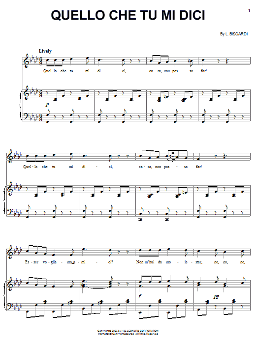 Learn to play L. Biscardi Quello che tu mi dici sheet music for Piano, Vocal & Guitar Chords (Right-Hand Melody) in minutes. Price: 7.8900$ L. Biscardi Quello che tu mi dici sheet music notes and chords arranged for Piano, Vocal & Guitar Chords (Right-Hand Melody)