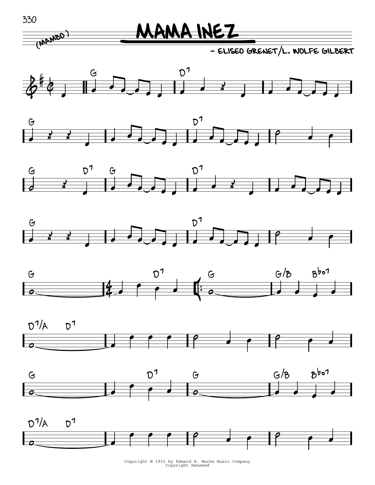Learn to play L. Wolfe Gilbert Mama Inez sheet music for Real Book – Melody & Chords in minutes. Price: 5.9900$ L. Wolfe Gilbert Mama Inez sheet music notes and chords arranged for Real Book – Melody & Chords