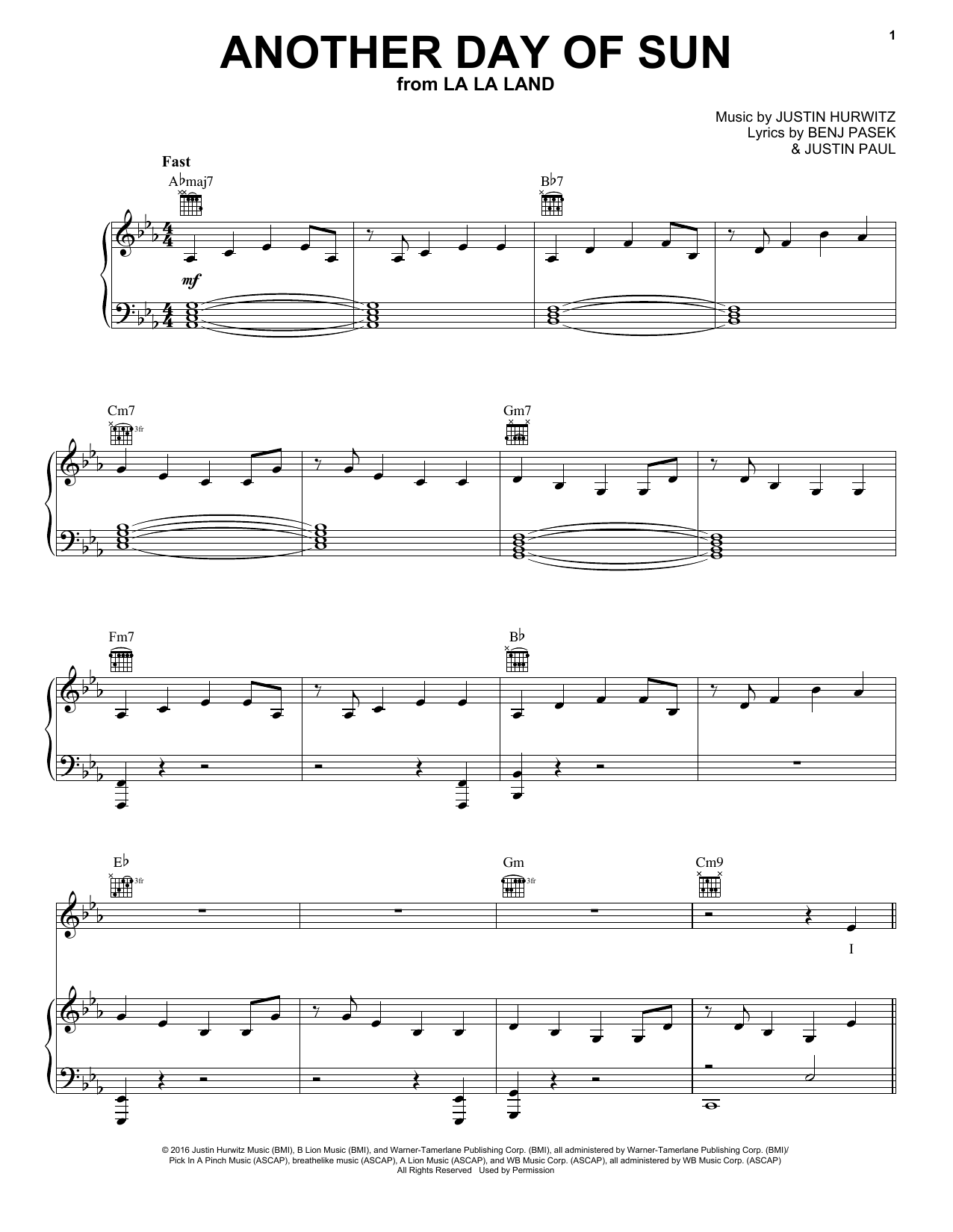 La La Land Cast Another Day Of Sun (from La La Land) sheet music notes and chords. Download Printable PDF.