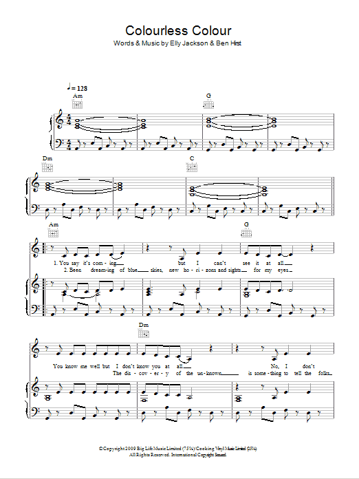 La Roux Colourless Colour sheet music notes and chords arranged for Piano, Vocal & Guitar Chords