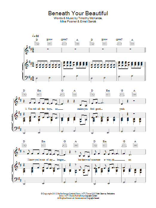 Labrinth Beneath Your Beautiful (feat. Emeli Sandé) sheet music notes and chords. Download Printable PDF.