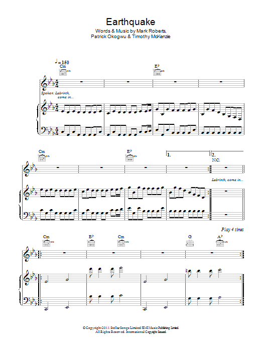 Learn to play Labrinth Earthquake (feat. Tinie Tempah) sheet music for Piano, Vocal & Guitar Chords in minutes. Price: 7.8900$ Labrinth Earthquake (feat. Tinie Tempah) sheet music notes and chords arranged for Piano, Vocal & Guitar Chords